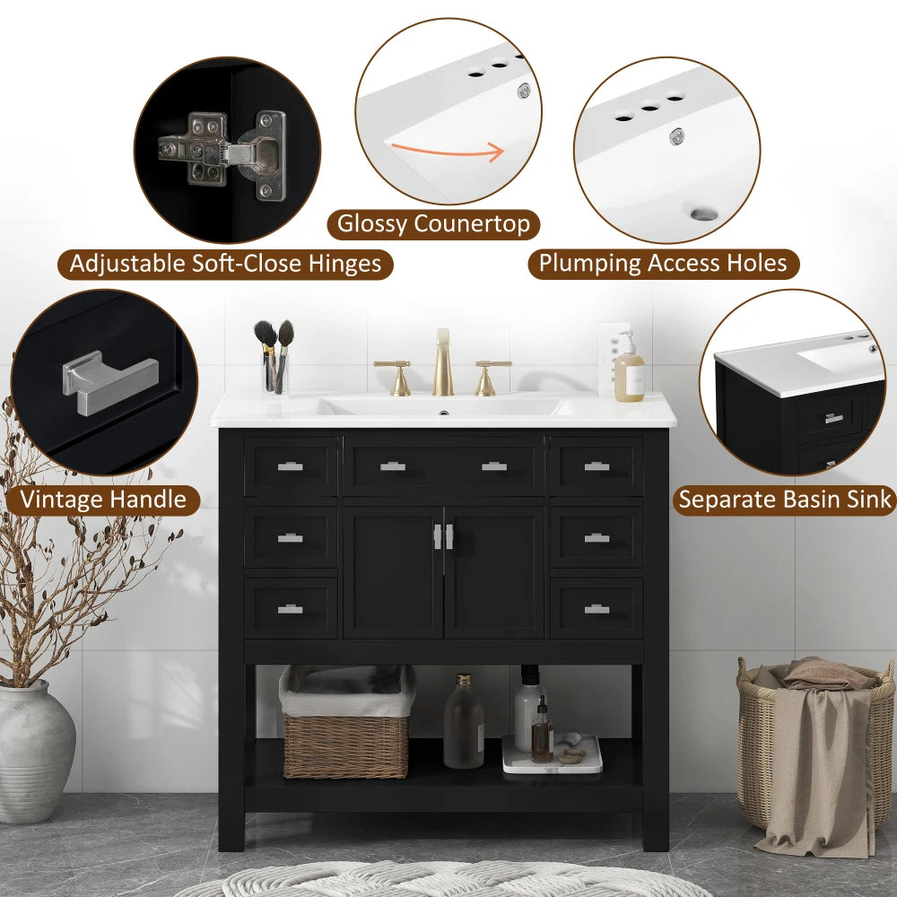 Modern 36'' Independent Bathroom Vanity w/Mounted Ceramic Sink