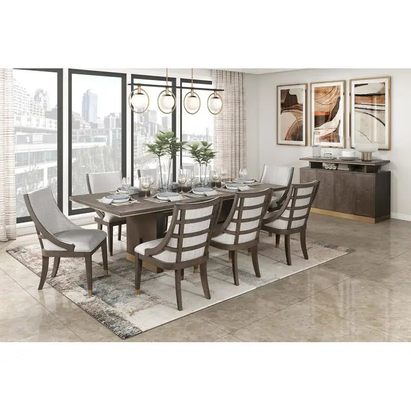 Modern Brown Finish 9-Piece Dining Table Set w/Extension + 8 Upholstered Armchairs
