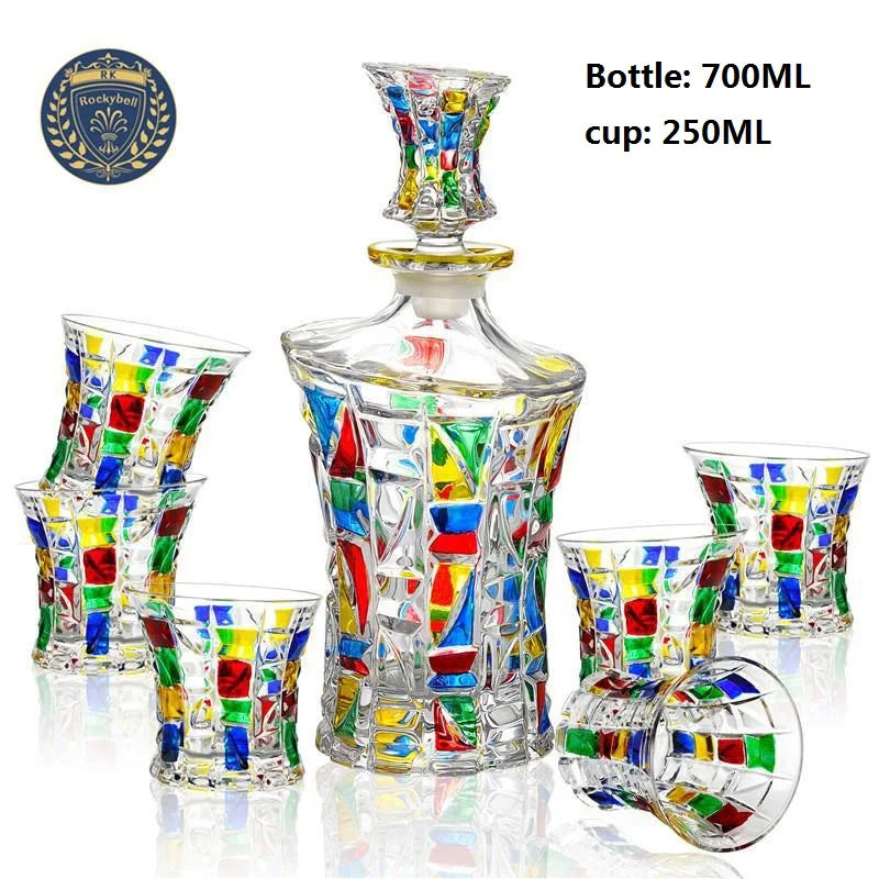Colorful Wine Decanter & Patterned Glass Set
