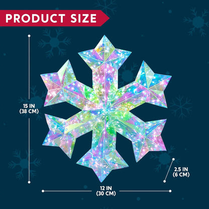 Unique 3D Iridescent Snowflake Ornament with 100 LED Cool White Lights - Displaying the size details of a stunning 3D snowflake ornament for holiday decor.