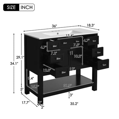 Modern 36'' Independent Bathroom Vanity w/Mounted Ceramic Sink