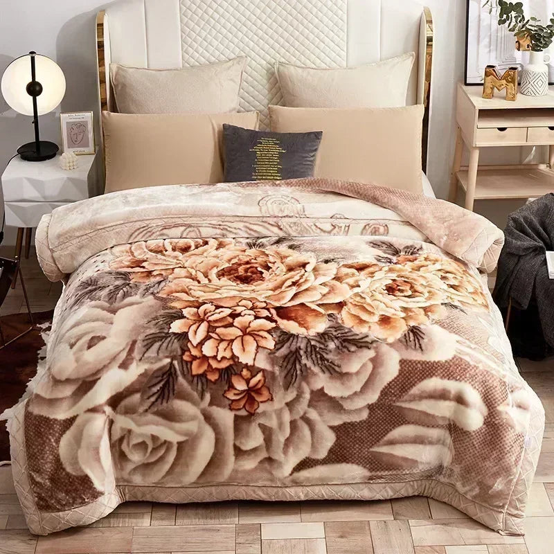 Korean Raschel 2-Ply Heavy Fleece Blanket, 78x90 Queen Size Reversible Geometric Plush Blanket shown in a pink and mauve floral pattern; reversible geometric blanket bedroom accent.
