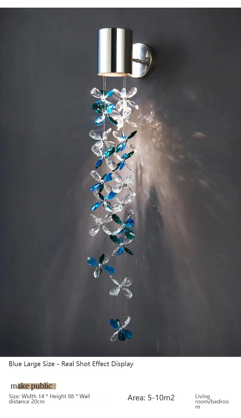 Beautiful close-up of the Exquisite Modern Crystal Wall Lamp highlighting the intricate crystal details and LED lighting.