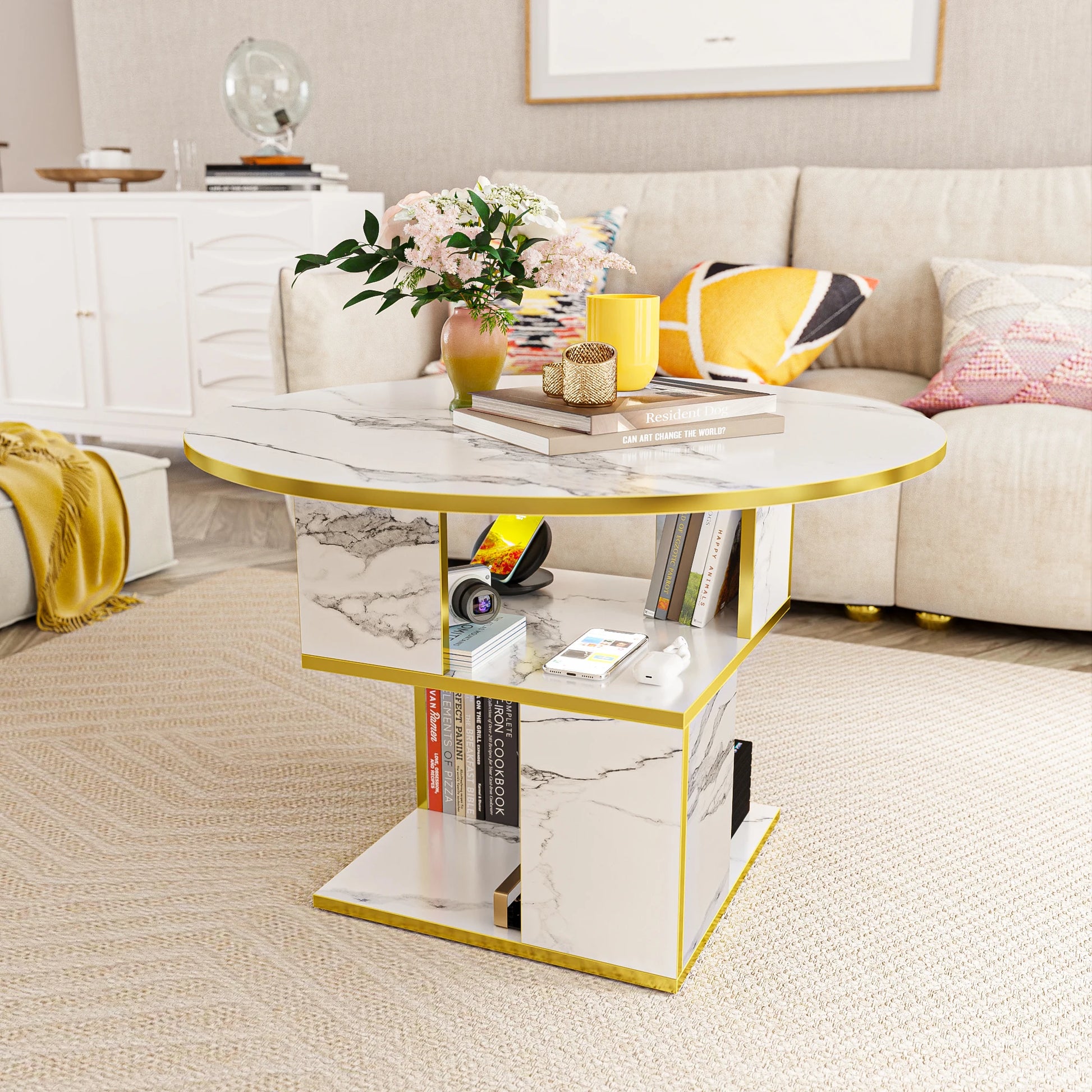 Stylish 30” Round Marble Coffee Table designed for small spaces, with elegant gold accents and durable engineered wood.