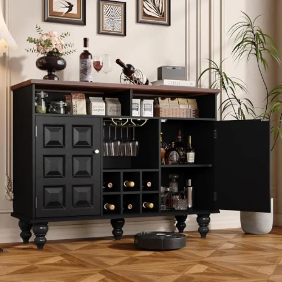 Vintage Style Black Wine Bar Cabinet w/Integrated Wine Rack and Glass Holder