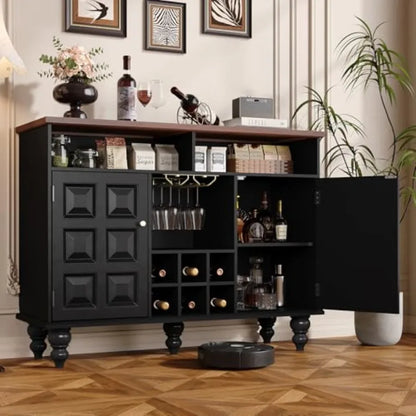 Vintage Style Black Wine Bar Cabinet w/Integrated Wine Rack and Glass Holder