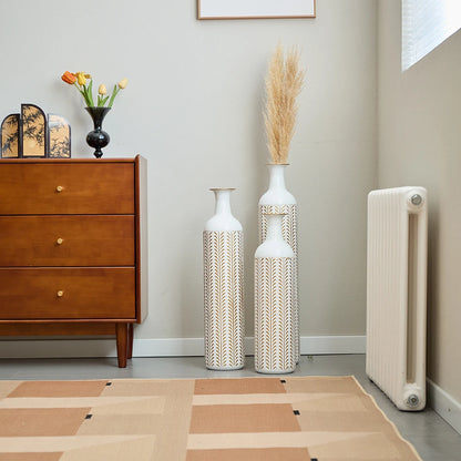 White Tall & Slender Metal Cylindrical Floor Vase~Set of 3