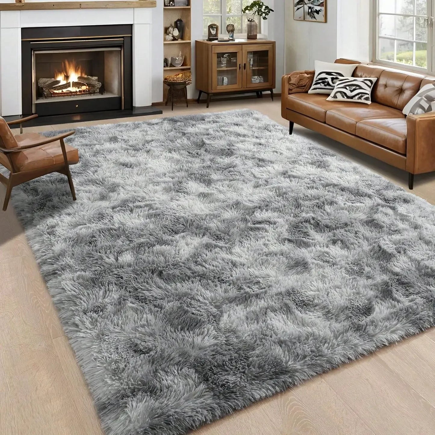 Fluffy Shag Area Rug styled with neutral accents for a modern living space.