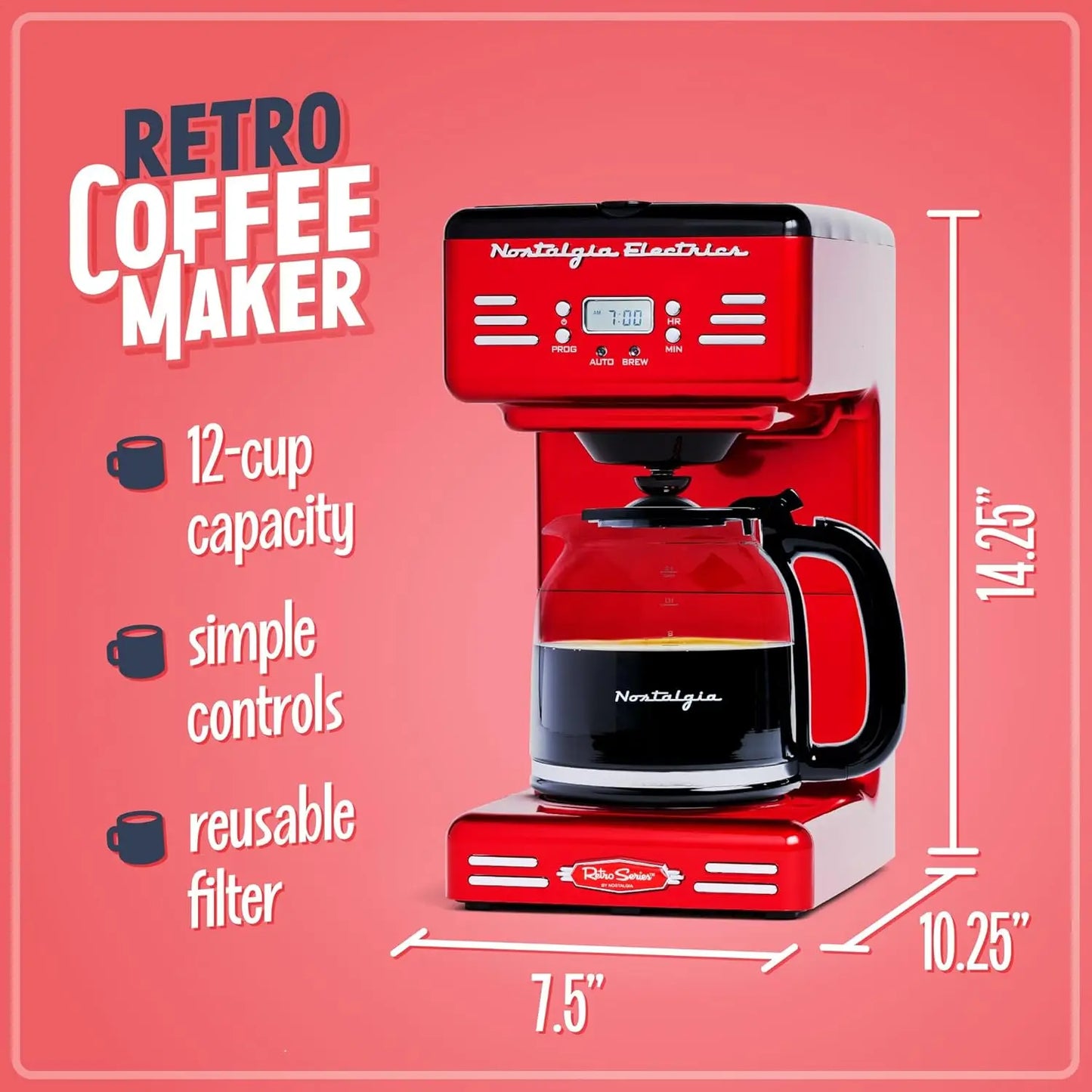 Close-up view of the LED display of the Red Retro 12-Cup Programmable Coffee Maker, highlighting programmable settings.