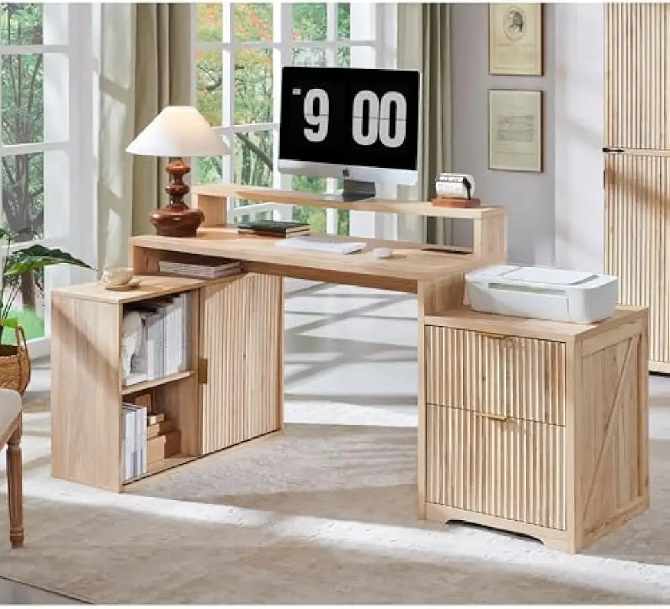 Modern L-shaped Fluted Credenza Desk w/Storage Cabinet & Drawers