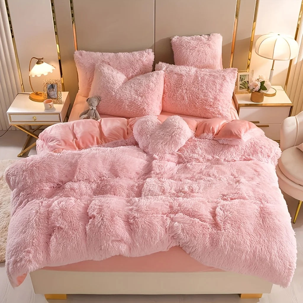 Close-up of the ultra plush Faux Fur Duvet Cover design showcasing the luxurious shaggy texture and rose quartz color.