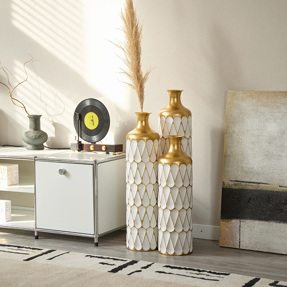 White Tall & Slender Metal Cylindrical Floor Vase~Set of 3