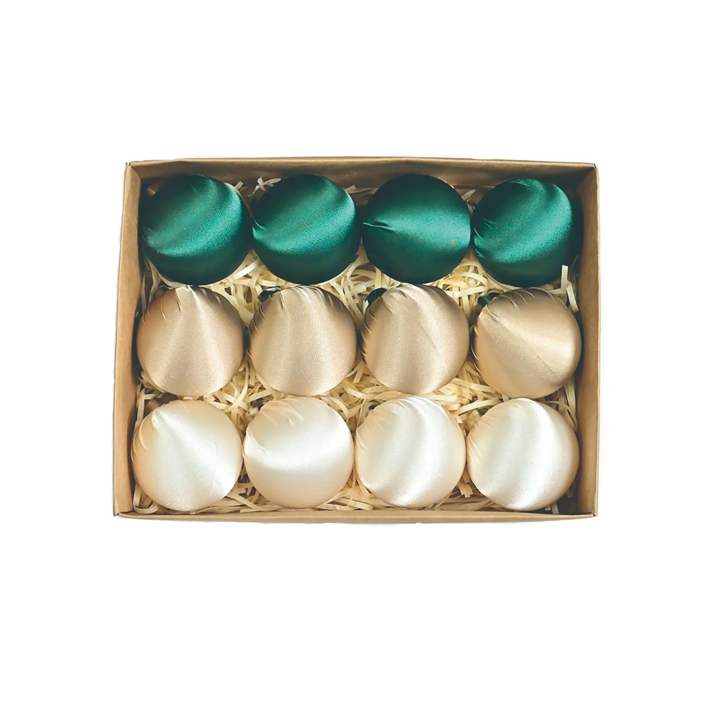 A creative arrangement of satin silk ball ornaments in various hues, making holiday decorating fun and stylish.