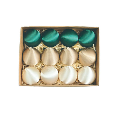 A creative arrangement of satin silk ball ornaments in various hues, making holiday decorating fun and stylish.