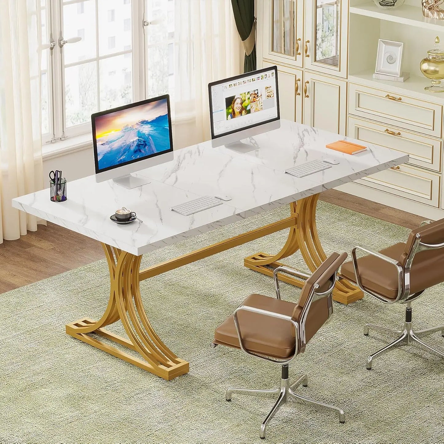 Modern Rectangular Faux Marble Table Top Executive Desk 