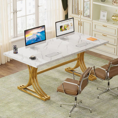 Modern Rectangular Faux Marble Table Top Executive Desk 