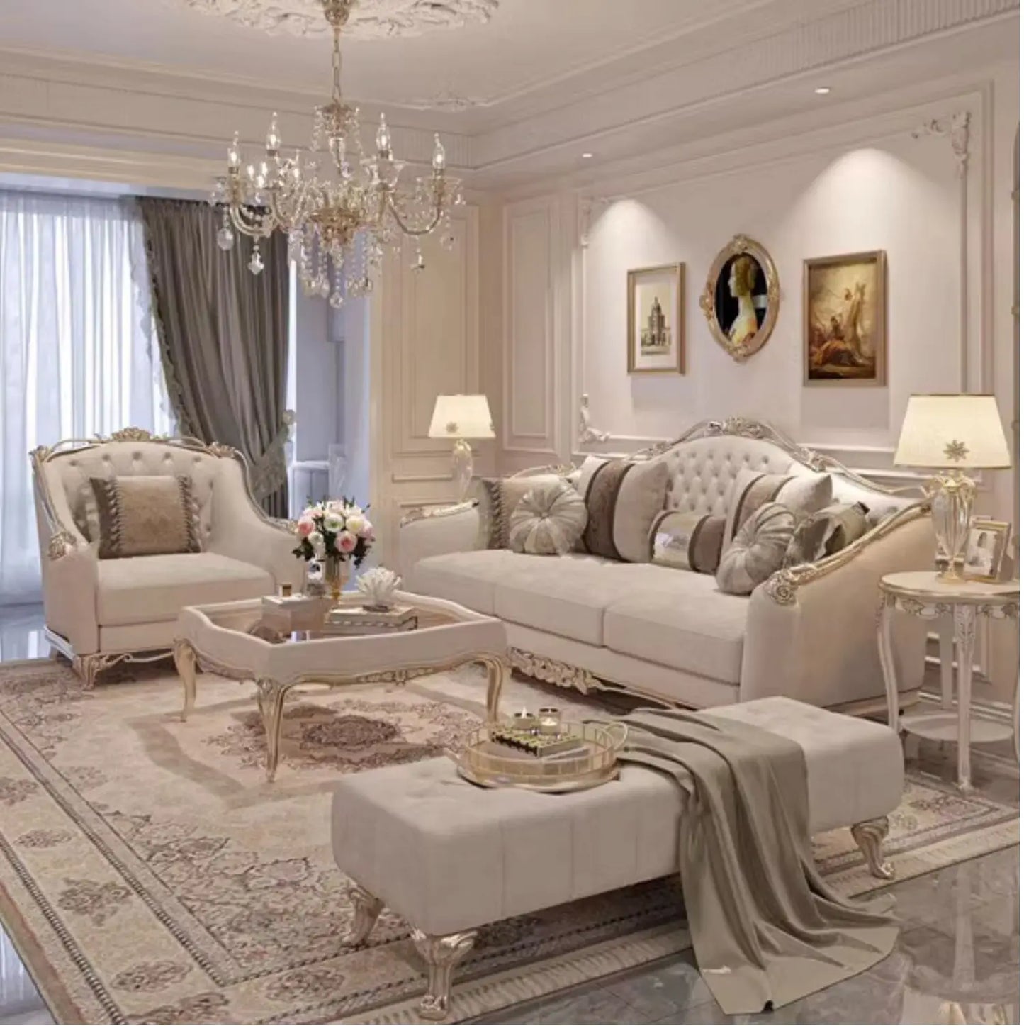 Stylish arrangement of the Elegant French Style Solid Wood Living Room Furniture in a welcoming living area.