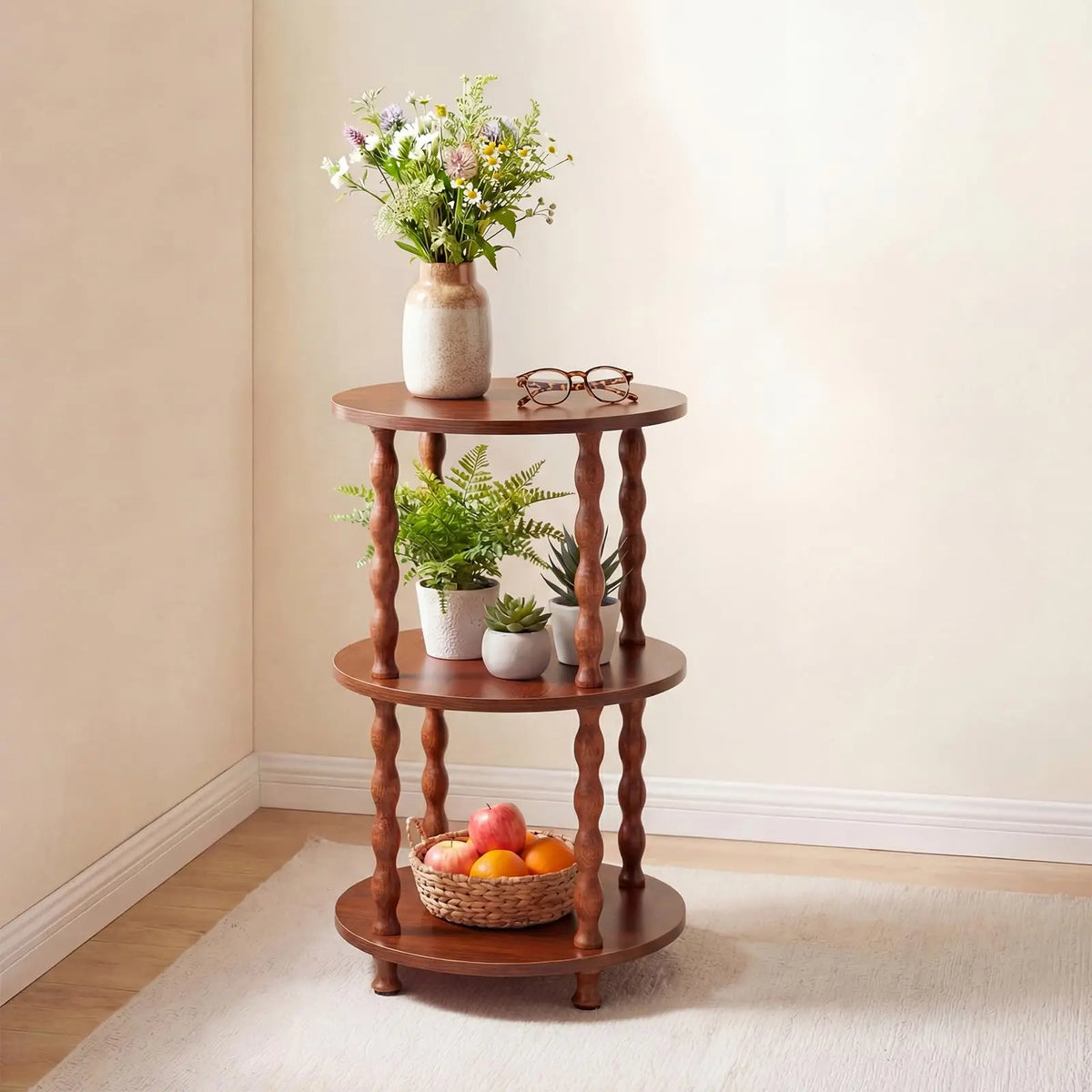 Garvee Round Accent Table 3-Tier - Sturdy Wooden Side Table Nightstand - Walnut, walnut round accent table with smooth rounded edges