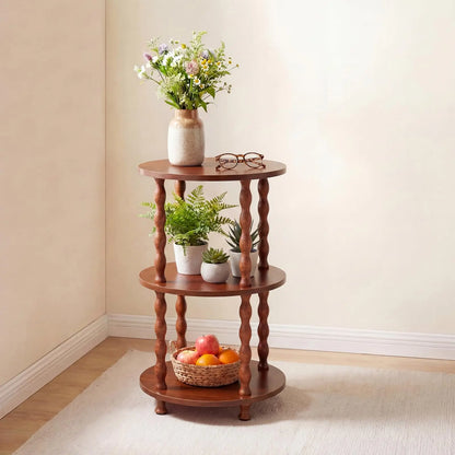 Garvee Round Accent Table 3-Tier - Sturdy Wooden Side Table Nightstand - Walnut, walnut round accent table with smooth rounded edges