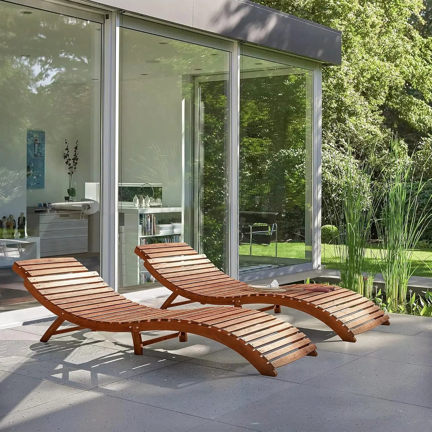 Modern Large Solid Acacia Wood Chaise Lounge Chair-Set of 2
