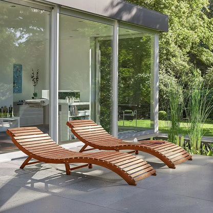Modern Large Solid Acacia Wood Chaise Lounge Chair-Set of 2