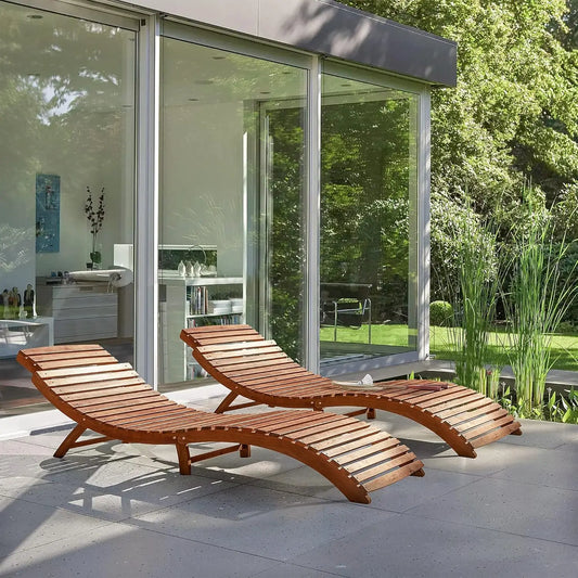 Modern Large Solid Acacia Wood Chaise Lounge Chair-Set of 2