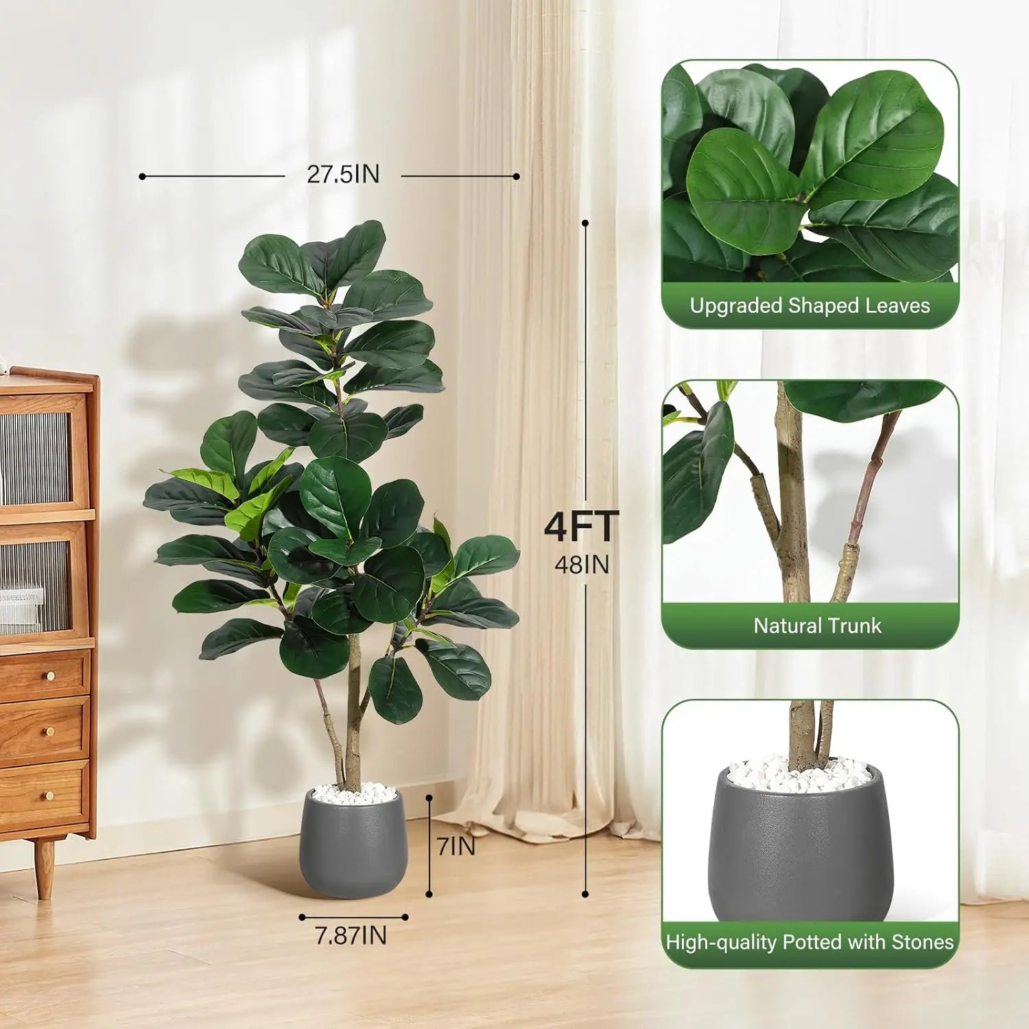 Minimalist living room featuring the 7FT Realistic Faux Fiddle Leaf Fig Tree in the corner, enhancing the natural ambiance of the space.