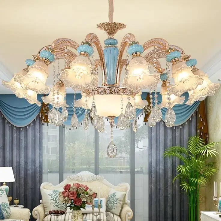 Frosted White Glass Tiffany Blue Floral Chandelier