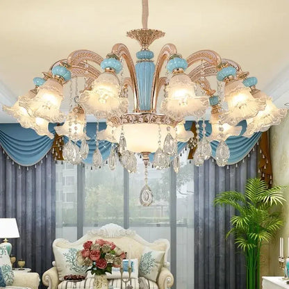 Frosted White Glass Tiffany Blue Floral Chandelier