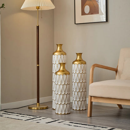 White Tall & Slender Metal Cylindrical Floor Vase~Set of 3