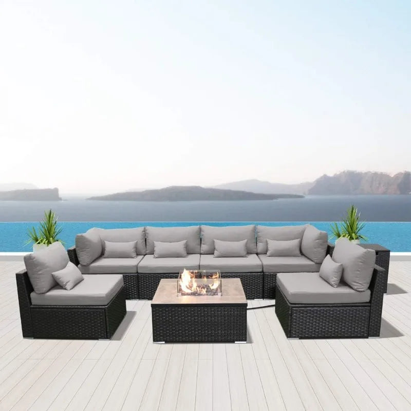 8-Piece Resin Wicker Sectional Sofa Set w/Gas Fire Pit Table