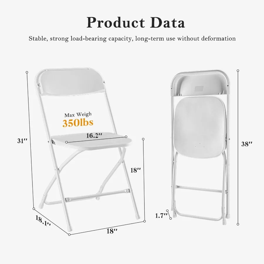 Lightweight white folding chairs stacked neatly for easy transport and storage.