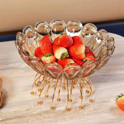 Stylish Amber Glass Flower Bowl with Beaded Metal Base - Large amber glass bowl featuring a beautiful warm hue, perfect for any décor.