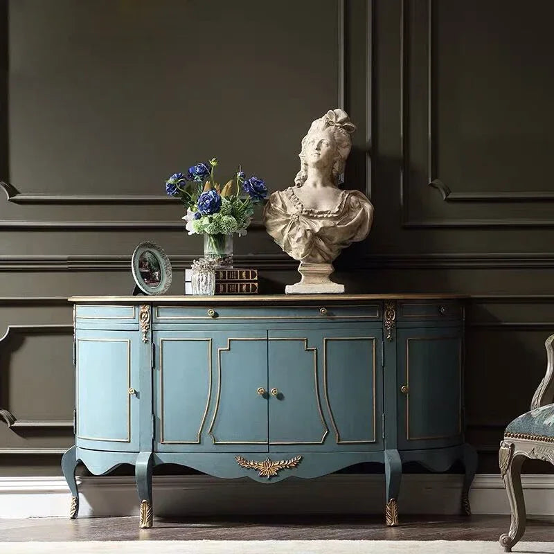 Elegant Blue & Gold French-American Style Sideboard Cabinet showcasing its minimalist design and durable materials; perfect blue and gold sideboard for stylish home decor.