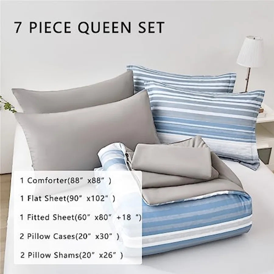 Complete 7-Piece Light Blue Blue & White Striped Bedding Set featuring soft microfiber bedding with sheets and pillow shams for a stylish bedroom upgrade.
