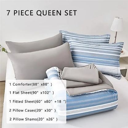 Complete 7-Piece Light Blue Blue & White Striped Bedding Set featuring soft microfiber bedding with sheets and pillow shams for a stylish bedroom upgrade.