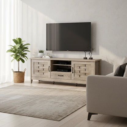 Rustic Farmhouse TV Stand featuring adjustable shelves and a warm oak finish.