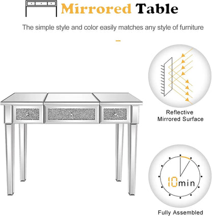 33.9" Elegant Silver Mirrored Vanity Table in a beautifully decorated room, emphasizing the modern charm of the silver vanity table.