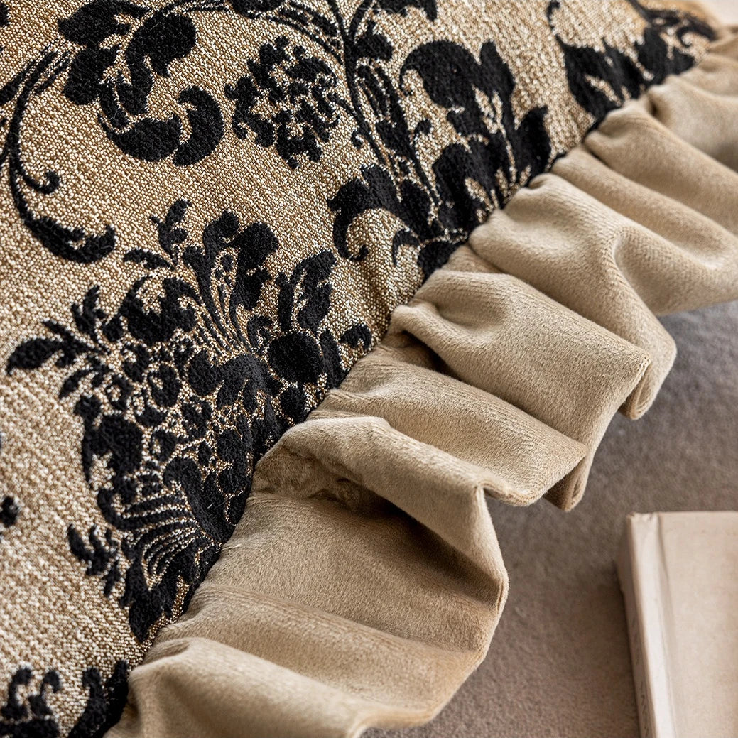 French Style Luxury Throw Pillow Cover - Black Floral Damask on Gold with Ruffled Edge, french style pillow cover on bed