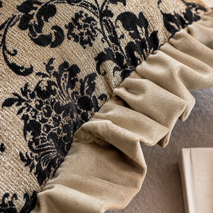 French Style Luxury Throw Pillow Cover - Black Floral Damask on Gold with Ruffled Edge, french style pillow cover on bed