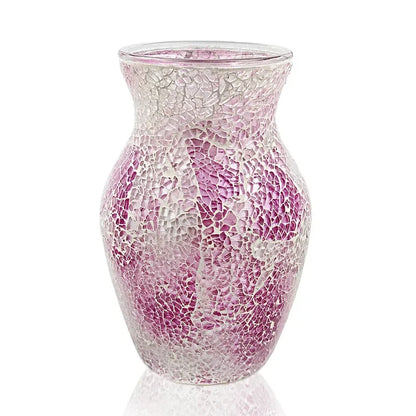 The 8" Handcrafted Cracked Glass Flower Vase beautifully styled with flowers, an ideal handcrafted glass vase for showcasing seasonal blooms.
