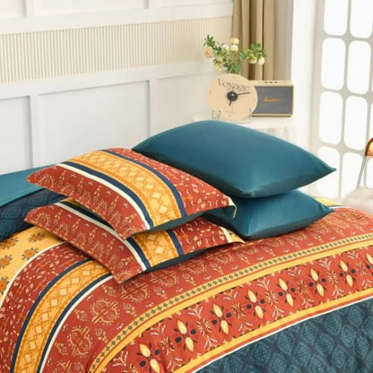 Boho King Comforter Set displayed with neutral pillows and decor, creating a stylish bohemian bedroom.