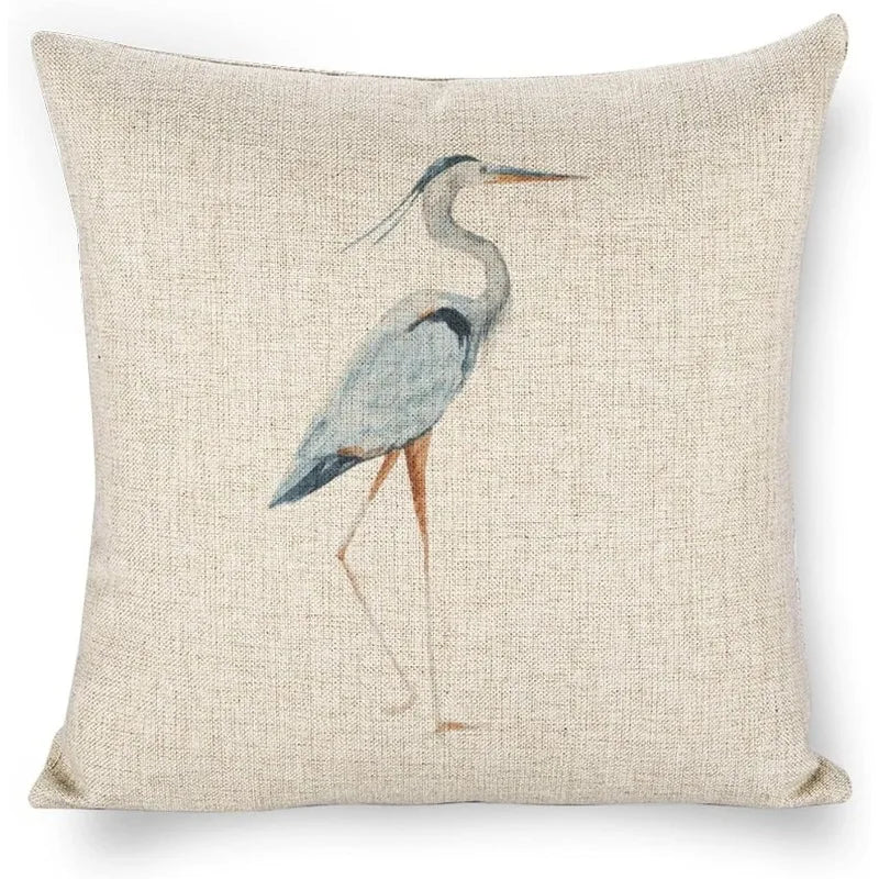 Icotoibabie Linen Throw Pillow Cover - Blue Egret Floral Coastal Decorative Cushion Case, blue egret linen throw pillow cover for coastal home decor