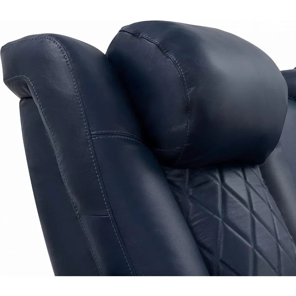 Side view of Navy Blue Leather Power Recliner Home Theater Seating Row of 4, showcasing ergonomic design and adjustable headrests.