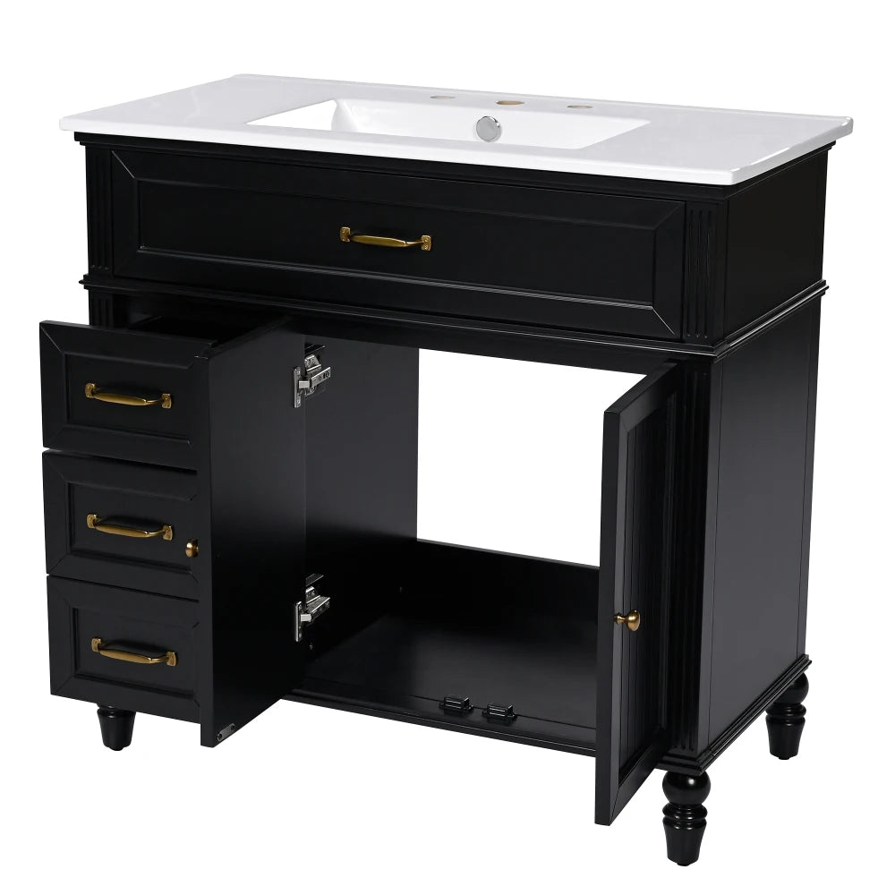 Freestanding 36" Black  Bathroom Vanity w/Retro Gold Handles & Ceramic Sink