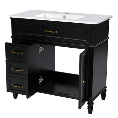 Freestanding 36" Black  Bathroom Vanity w/Retro Gold Handles & Ceramic Sink