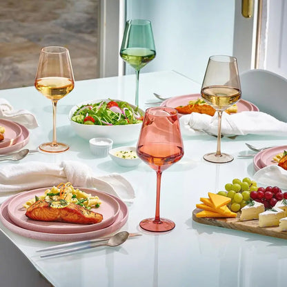 Elegant table setting featuring the Art Deco Colorful Hand Blown Wine Glasses, ideal for dinner parties and special occasions.