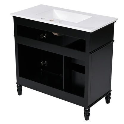 Freestanding 36" Black  Bathroom Vanity w/Retro Gold Handles & Ceramic Sink