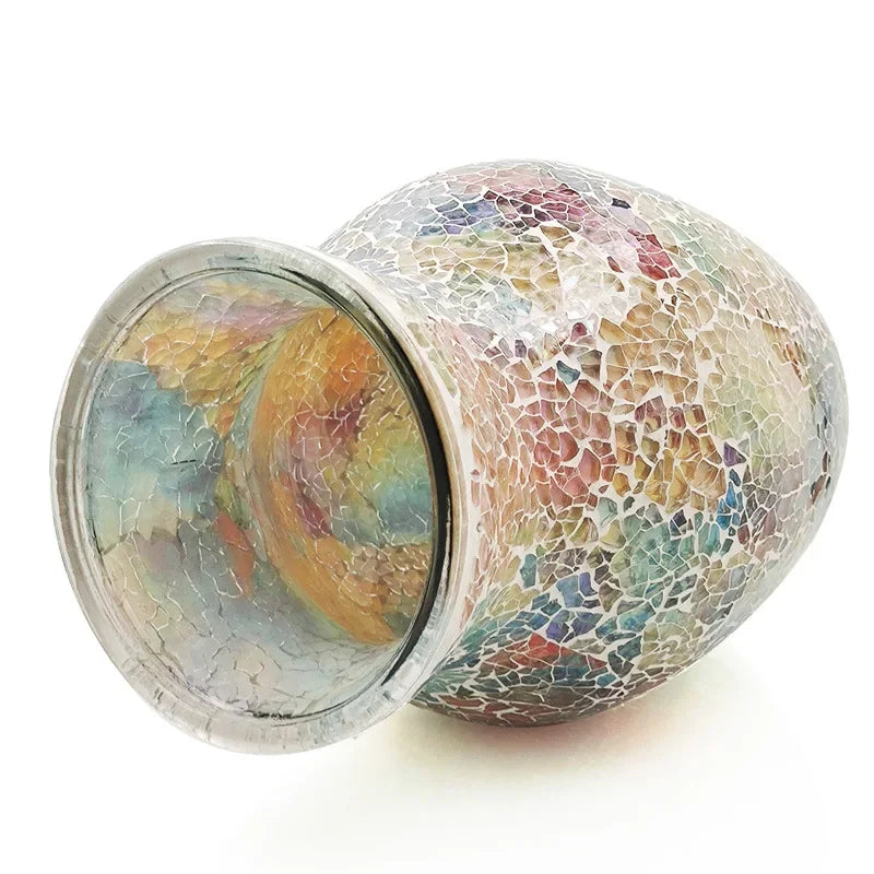 The 8" Handcrafted Cracked Glass Flower Vase with colorful mosaic pieces, an exquisite handcrafted glass vase that enhances any living space.