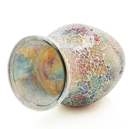 The 8" Handcrafted Cracked Glass Flower Vase with colorful mosaic pieces, an exquisite handcrafted glass vase that enhances any living space.